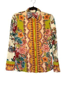 Johnny Was Janie Button-Front Floral Print Shirt XS 95% Rayon 5% Spandex Multico